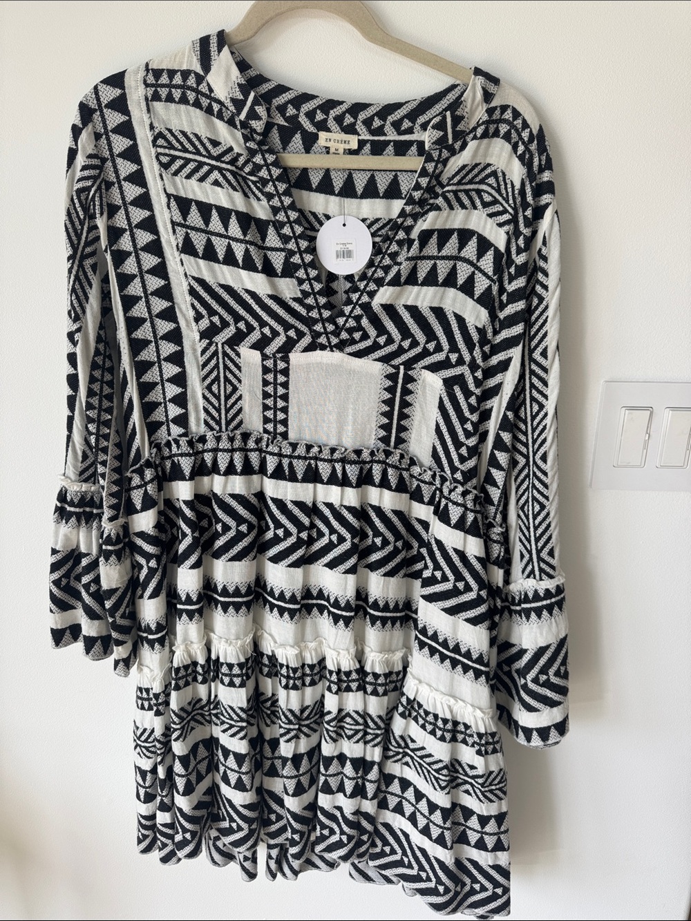 Boho Black & White Patterned Mini Dress